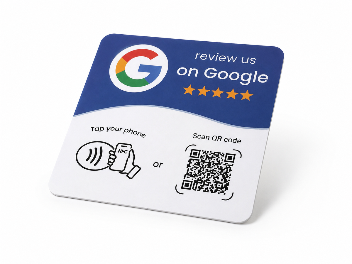 Google review plate in white color with NFC and QR code